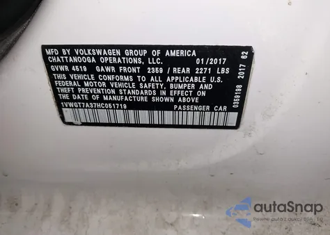 2017 Volkswagen Passat 1.8T Se из США, поврежденный, VIN 1VWGT7A37HC051719